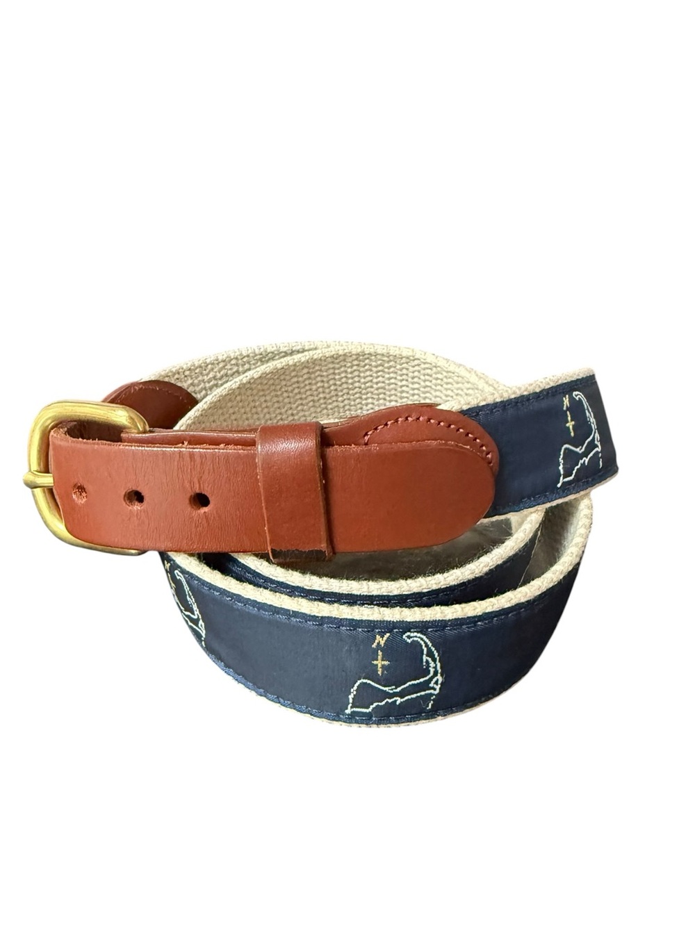 Leatherman Navy Blue Cape Cod Nautical Ribbon Canvas Men's Belt Brown Leather